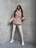 Теплая женская куртка с поясом Ткань: синтепон+искусственный мех, (съемный капюшон) Размеры 42,44,46