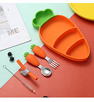 Силиконовая секционная тарелка на присоске с приборами "Морковка"