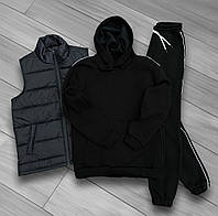 Теплый зимний мужской спортивный костюм на флисе+жилет, комплект утепленный черный Турция