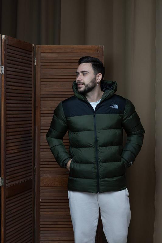 Куртка чоловіча зимова стьобана на холофайбері з теплим капюшоном The North Face xакі M