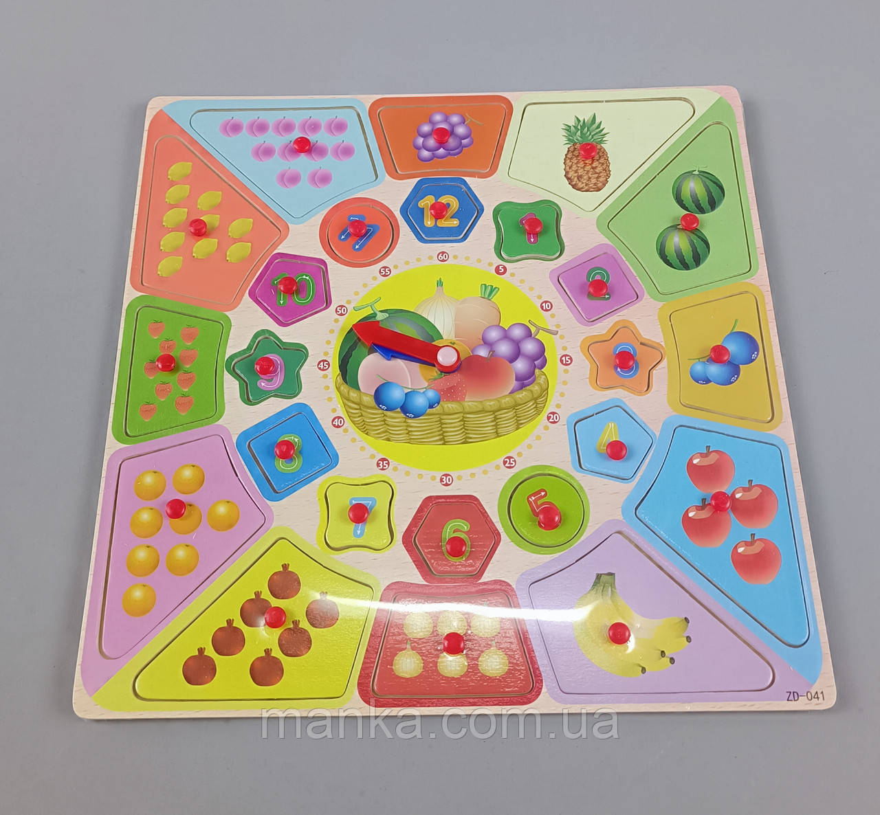 Дерев'яна іграшка арт. WD13122 годинник, вкладиші 2 види 30см у плівці, фото 1