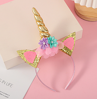 Дитячий обруч єдиноріг гліттер з вушками для дівчинки GH золотистий