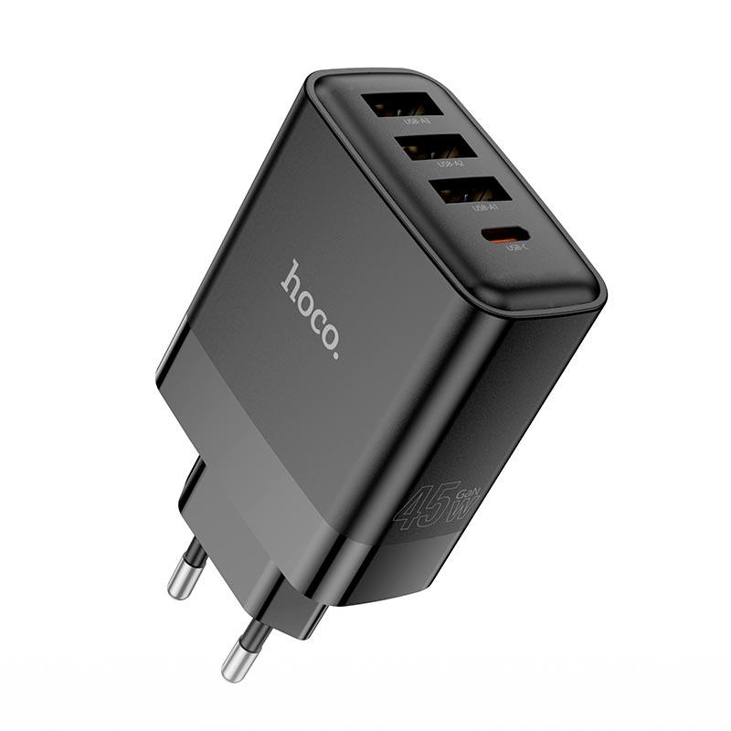 Адаптер мережевий HOCO C127A 3USB, Type-C, 45W, QC, чорний, фото 1
