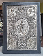Книга Євангеліє Напрестольна церковнослов'янською мовою оклад шкіра,накладки сріблення,2 застібки,розмір 34×47