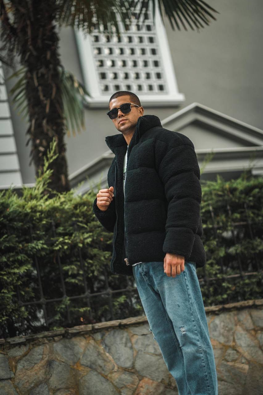 Куртка чоловіча зимова оверсайз пуховик чорний плюшевий без капюшона теплий модний укорочений, фото 1