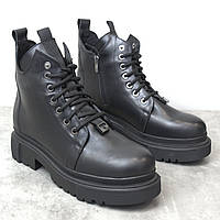 Ботинки кожаные на меху черные женская обувь больших размеров 40-44 COSMO Shoes Lara Black BS