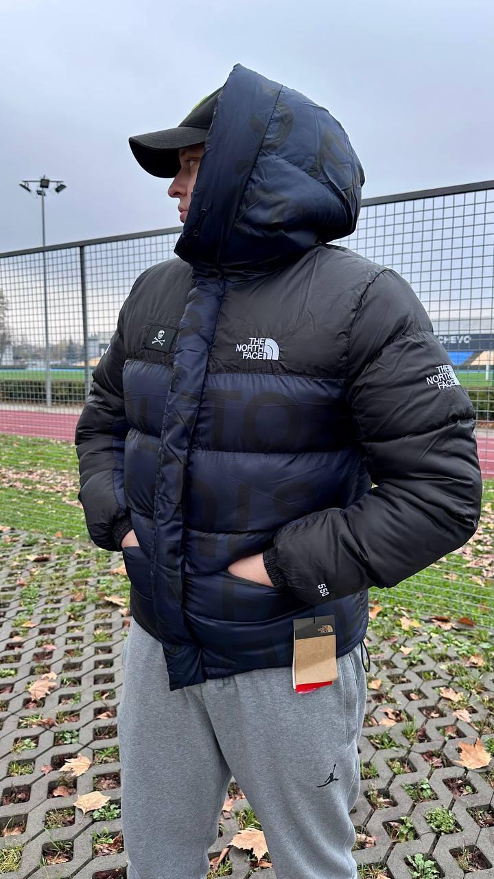 Куртка чоловіча The North Face зимова пуховик чорний із синім капюшоном теплий модний укорочений, фото 1