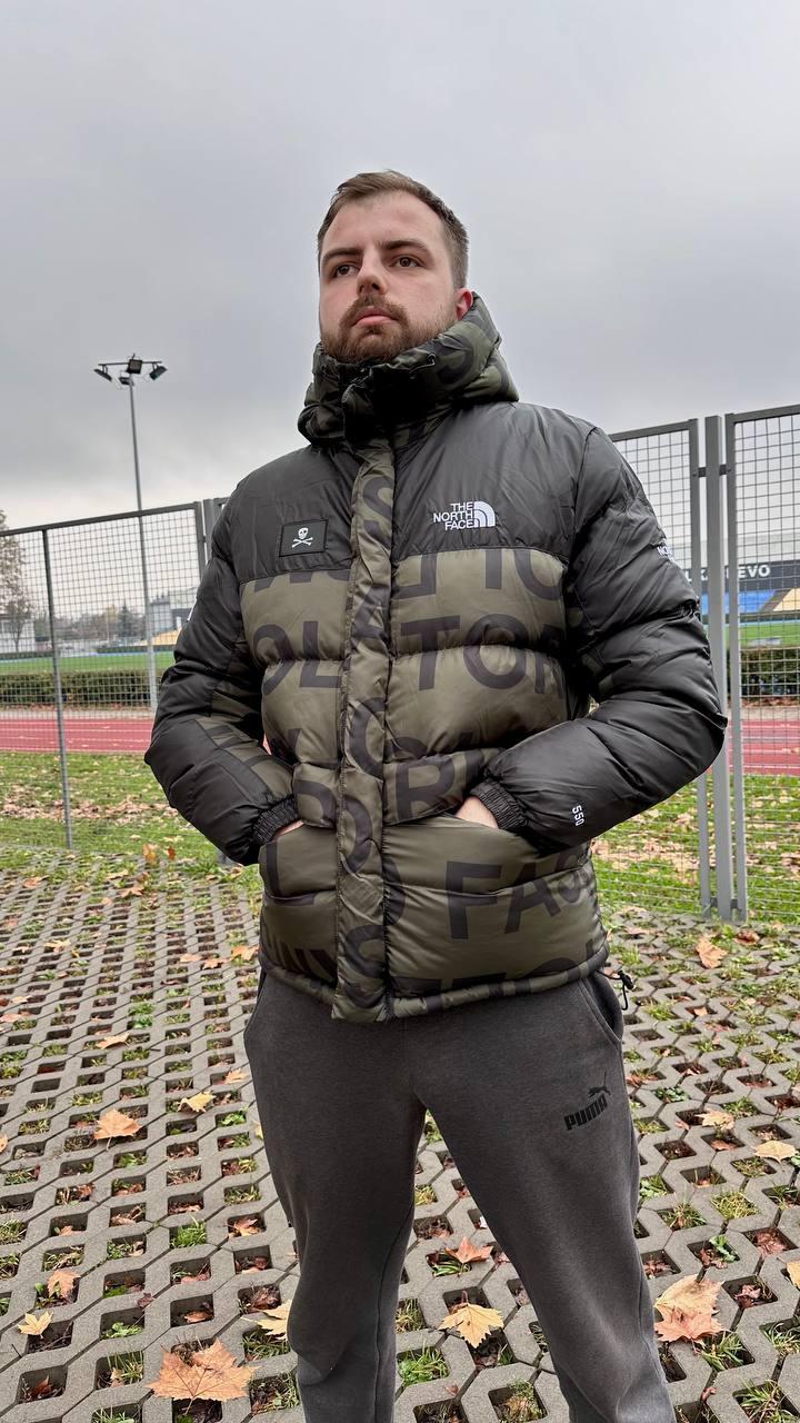 Куртка чоловіча The North Face зимова пуховик чорний із зеленим з капюшоном теплий модний укорочений, фото 1