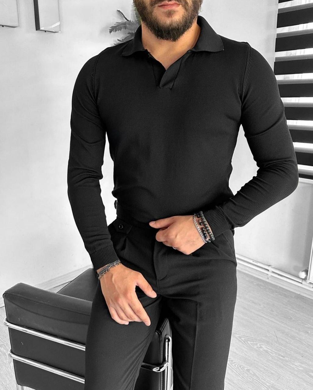 Стильний чоловічий класичний джемпер однотонні з коміром (Розміри S,M,L,XL), Чорний