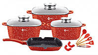 Набор квадратных кастрюль сковорода гриль + силиконовая утварь Higher Kitchen НК317 (14 предметов) красный