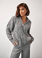 Женский теплый вязаный свитер с воротником поло серого цвета. Модель 2718 Trikoibakh