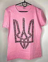 Женская розовая хлопковая футболка c принтом Герб, распродажа футболок с трезубцем со склада по выгодной цене