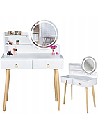 Туалетний столик Jumi Scandi на 2 ящики з дзеркалом (шкіряні ручки) і LED-підсвіткою білий
