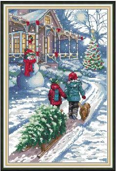 Набір для вишивання за нанесеною на канву схемою "Christmas snow scene". AIDA 14CT printed 30*44 см