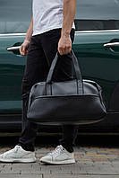 Чоловіча шкіряна спортивна сумка, чорна дорожня сумка у спотзал на довгому ремінці