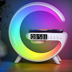 Міні нічник 15х15 см аккумуляторный з бездротовою зарядкою годинником і будильником RGB світильник колонка