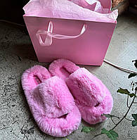 Тёплые пушистые женские меховые комнатные тапочки ( цвет Барби)