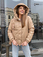 Куртка жіноча зимова тепла з екошкіри коротка S M L. Куртка жіноча шкіряна зимова з капюшоном 42 44 46