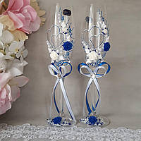 Свадебные бокалы ручной работы с лепкой и росписью синий