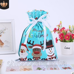 Пакет новорічний подарунковий, пакування для подарунків "Санта-олень-сніговик" 24*32 Код 00-0145, фото 1
