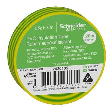 Ізоляційна стрічка, 19mm x 20m, жовт./зелен. Schneider Electric 2420105, фото 1
