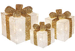 Набір декоративних подарунків (3шт) з підсвічуванням, 15см, 20см, 25см, колір - білий із золотом