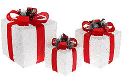 Набір декоративних подарунків (3шт) з підсвічуванням, 15см, 20см, 25см, колір - білий з червоним оксамитовим б