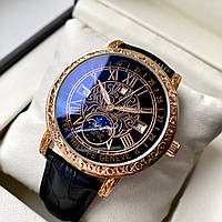 Мужские часы Patek Philippe Sky Moon Tourbillon Gold 6002 AAA двухсторонние кварцевые на кожаном ремешке