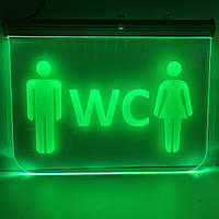 Табличка WC або Туалет | Світлова табличка Акрилайт | Зелена