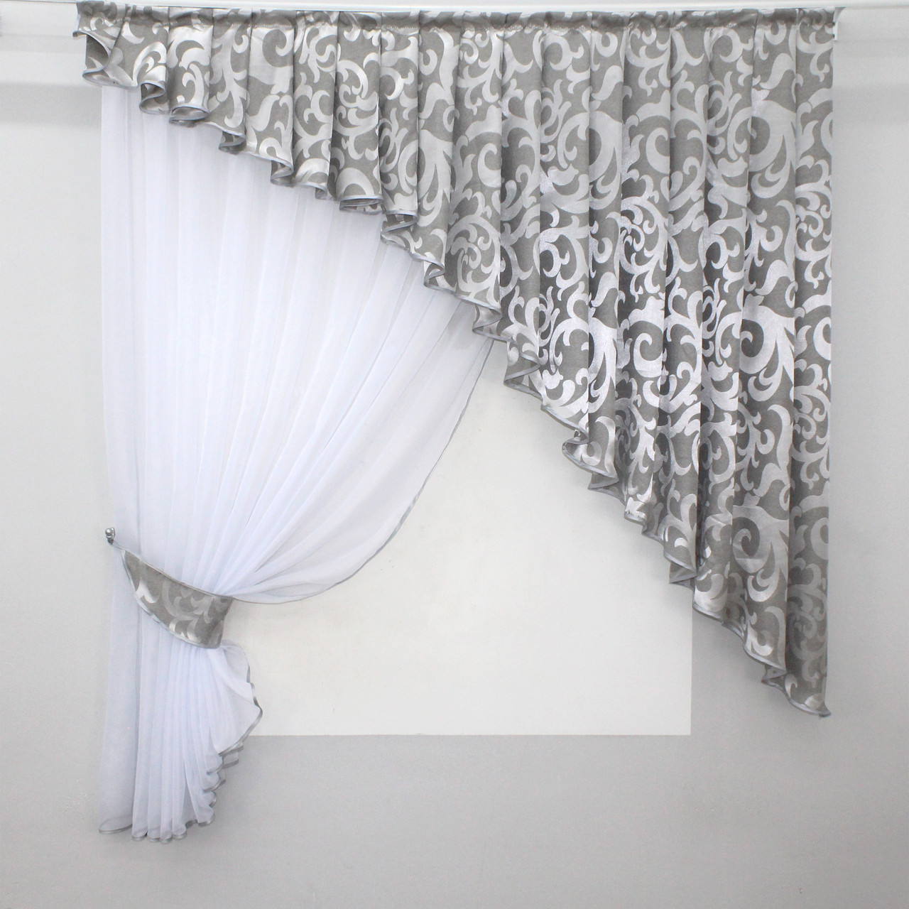 Кухонний комплект (150х170см.) шторка з ламбрекеном. Колір білий з сірим. Код 039к 52-0500, фото 1