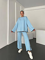 Стильный поседневный женский костюм ткань трикотаж на осень еврозиму прогулочный голубой костюм для женщин