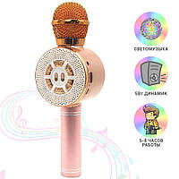 Беспроводной Микрофон для караоке детский USB Wster WS 669 блютузом и динамиком Розовый с золотым UKG