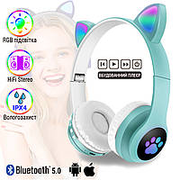 Бездротові дитячі Bluetooth навушники з котячими вушками котика Cat Headset M23 з RGB підсвіткою зелені UKG