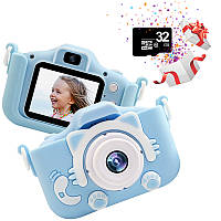 Детский цифровой фотоаппарат с играми Котик Smart kids камера с видео записью голубой +карта 32Гб UKG