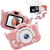 Дитячий цифровий фотоапарат Kitty з відео записом Кішечка рожевий з іграми карта 32Гб UKG