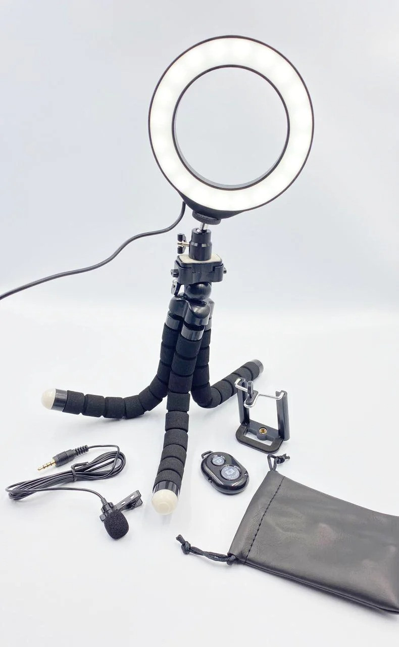 Набор Блогера 4 в 1 Кольцевая LED лампа 20 см+Гибкий штатив+Bluetooth пульт+петличка микрофон APL - фото 4 - id-p2020837498