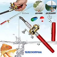 Карманная удочка телескопическая Topa удилище - ручка, с поплавком, блесной, крючками, грузиками Red UKG