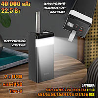 Power Bank HOCO 40000mAh-86J/2USB/1Type-C, micro USB с быстрой зарядкой и фонарем Black UKG
