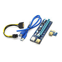 SM  SM Riser PCI-EX, x1=>x16, 6-pin, SATA=>6Pin, USB 3.0 AM-AM 0,6 м (синий), конденсаторы 270, Пакет