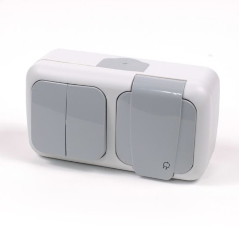 Вимикач 2-клавішний+ розетка із заземленням з кришкою зовнішнього монтажу сірий герметичний IP54 Viko PALMIYE, фото 1