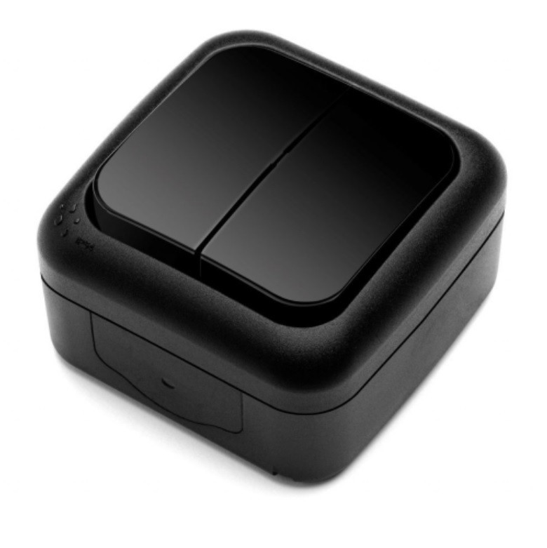 Вимикач 2-клавішний зовнішнього монтажу, чорний, герметичний IP54 Viko PALMIYE, фото 1