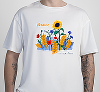 Футболка мужская, белая оверсайз c патриотичным авторским принтом - Полевые цветы, Украина, бренд "Малюнки".