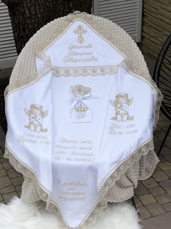 Крижмо Brilliant Baby Іменне Таїнство з великими ангеламита мішечком 95х95 см Білий (BB021), фото 1