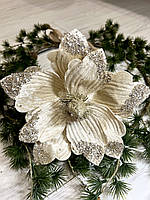 Різдвяна квітка - магнолія . Новорічна прикраса магнолія пудрова (22 см), фото 7