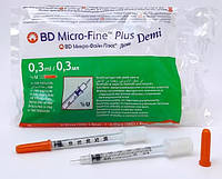 Инсулиновый шприц BD MICRO-FINE PLUS, U-100, 0,3 мл , 30G (0,30 x 8,0 мм) DEMI