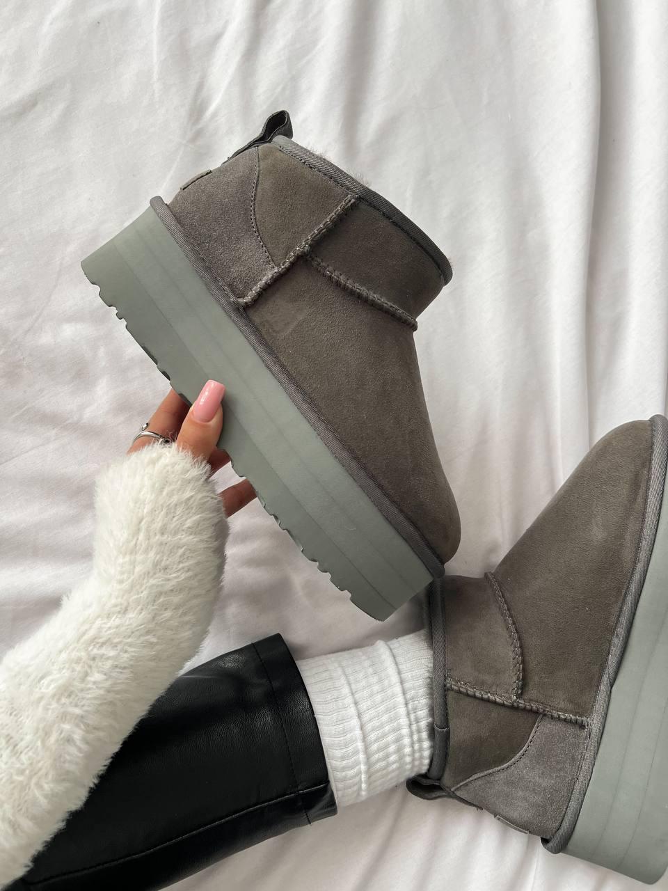 Уги жіночі Ugg Ultra Mini Platform Grey сірий ультрафіолетні короткі замшеві натуральні на високій підошві