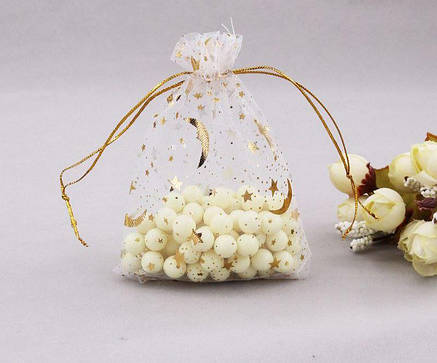 Подарунковий мішечок з органзи для прикрас 7х9 см білий із золотою місяцею, фото 2
