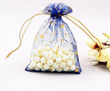 Подарунковий мішечок з органзи для прикрас 7х9 см синій із золотою місяцею, фото 2