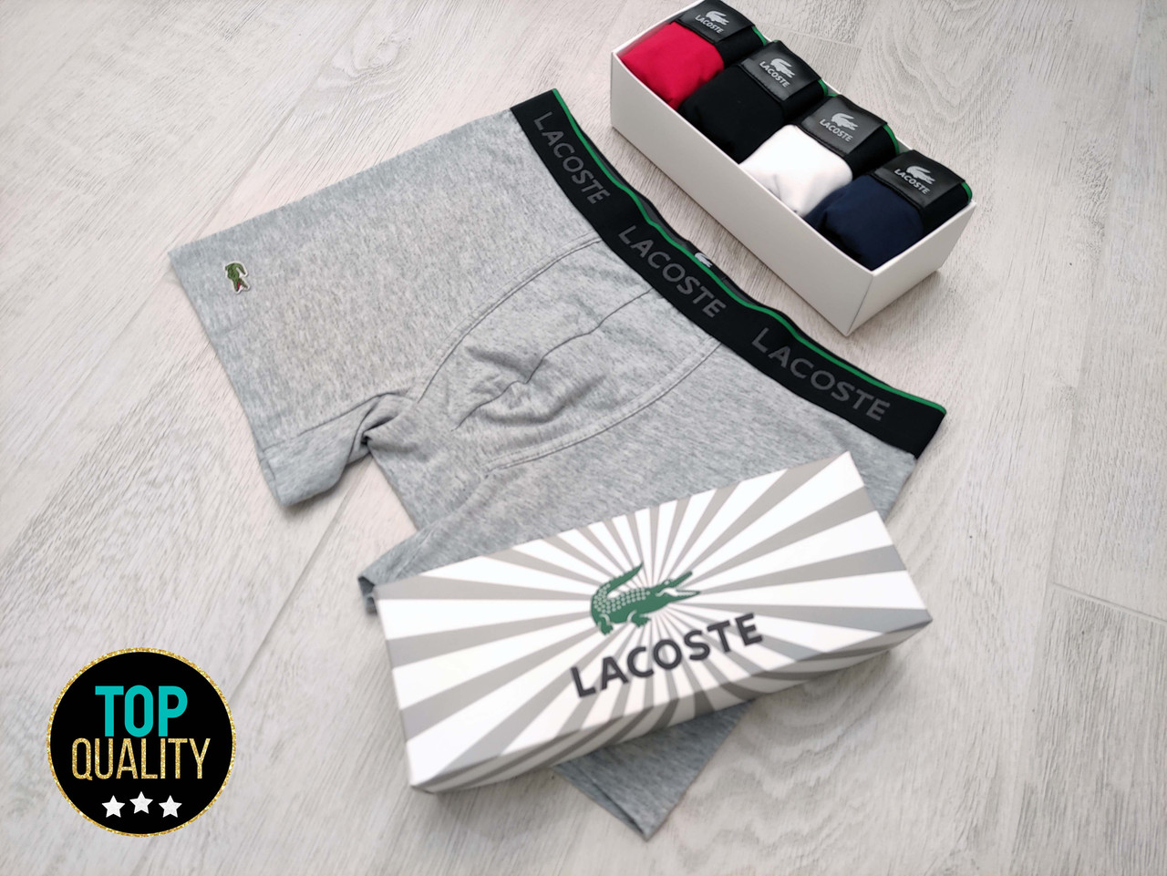 Набір чоловічих трусів Lacoste з 4 штук в подарунковій коробці. Подовжена модель. Преміум якість.