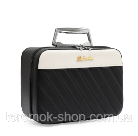 Шкатулка-органайзер для косметики 25х19х12 см, кейс шкірзам чорний на блискавці, каркасна косметичка велика, фото 1